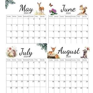 Digital 2024 Calendar Woodland Animals Calendar Printable Calendar Desk Calendar Office Calendar ...