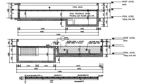 Construction detail of swimming pool it includes the section of the pool,pool level,roof level ...