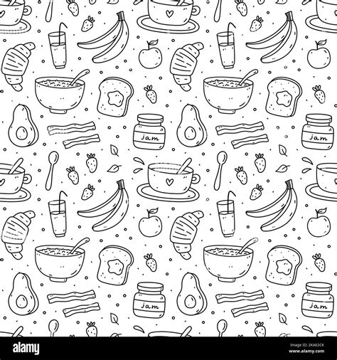 Cute seamless pattern with breakfast food - oatmeal, toast, jam, coffee ...