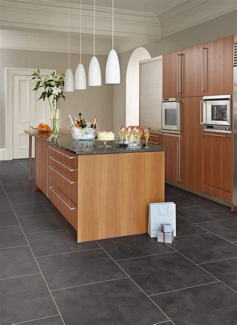 Atlantic Slate Camaro luxury vinyl tile flooring in brickwork layout, featured in kitchen ...