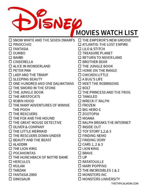 Free Printable Disney Classic Movies List | Disney original movies ...