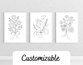 Flower Line Art Prints Floral Print Flower Wall Art Minimal - Etsy