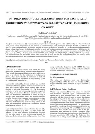 Optimization of cultural conditions for lactic acid | PDF