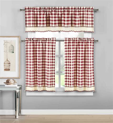 3 Piece Plaid, Checkered, Gingham Kitchen Curtain Set: 35% Cotton, 1 ...