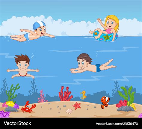 Cartoon kids swimming in the tropical ocean Vector Image