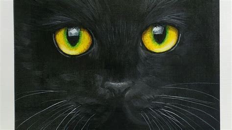 a painting of a black cat with yellow eyes