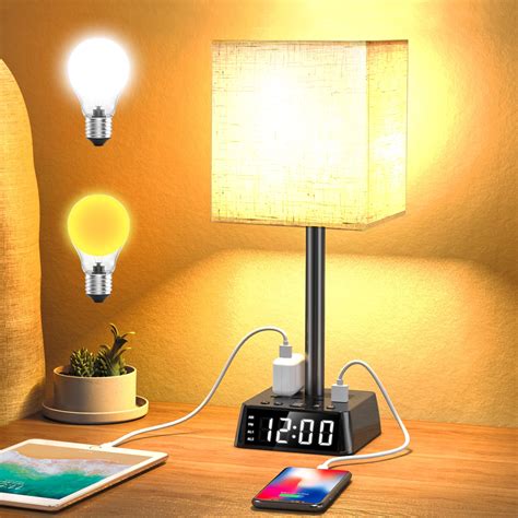 Table Lamp - Bedside Lamps with 4 USB Ports and 2 Power Outlets, Alarm Clock Base w/ 6Ft ...
