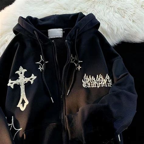 Y2k Goth Cross Zip up Embroidered Hoodies Y2k Clothing Y2k - Etsy