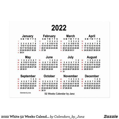 2022 White 52 Weeks Calendar by Janz Postcard | Zazzle | Mini calendars ...