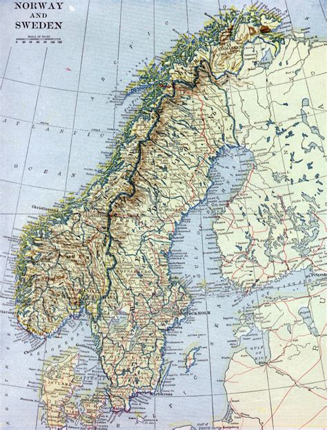 Large old map of Norway and Sweden with relief, roads and cities – 1922 ...