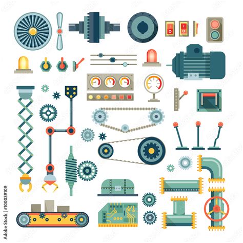 Parts of machinery and robot flat icons set. Mechanical equipment for ...