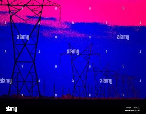 transmission power line towers at sunset Stock Photo - Alamy