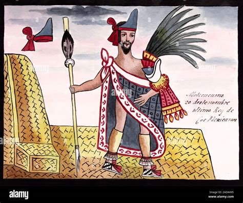 Aztec emperor Moctezuma II (c.1466-1520) with symbols of his reign (crown, sceptre and epaulette ...