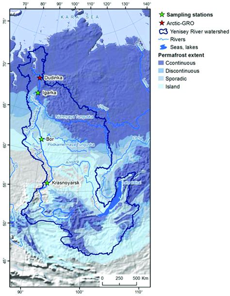 Drainage basin of the Yenisei River with sampling stations with a ...