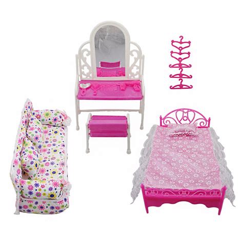 For Barbie Dolls Furniture Play House Pink Bed Table Chair Set Bedroom ...