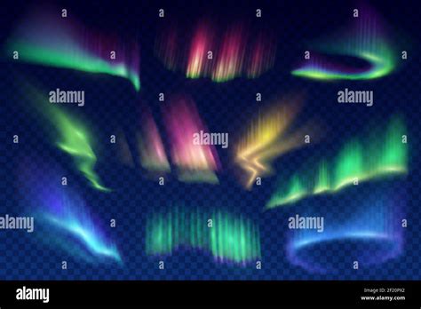 Aurora borealis polar lights set. Glowing in sky different shapes and color northern lights ...