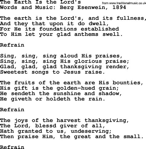 Thanksgiving and Harvest Hymns & Songs: The Earth Is The Lord's - lyrics, and PDF