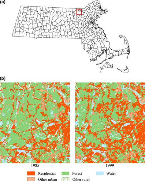 a Overview of Massachusetts with town boundaries. b Land uses of a ...