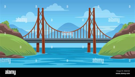 Bridge landscape. Panoramic scene with bridgework across river cartoon style, architecture ...