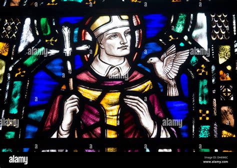 St David patron saint of Wales portrait painting in stained glass window with dove Strata ...