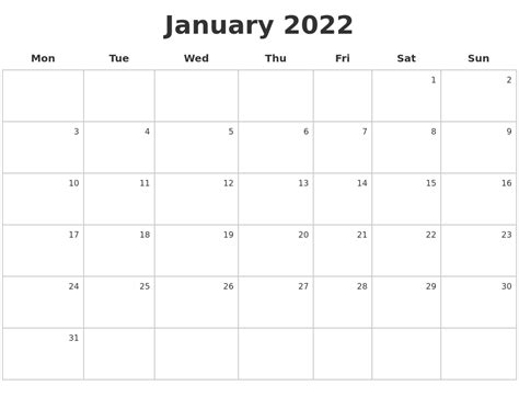 January 2022 Make A Calendar