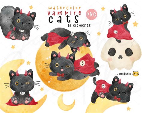 Halloween PNG Cute Vampire Cat Watercolor Black Cat and - Etsy