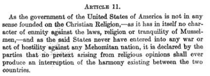 An Agreement in 1796 Confirming the U.S. as a Sovereign, Secular State