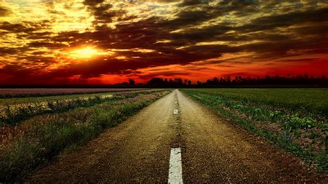 Country Drive, drive, sunset, country, trees, sky, clouds, stormy, white line, HD wallpaper | Peakpx