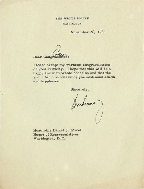 JFK Birthday Letter to Dan Flood Dated Four Days After Assassination