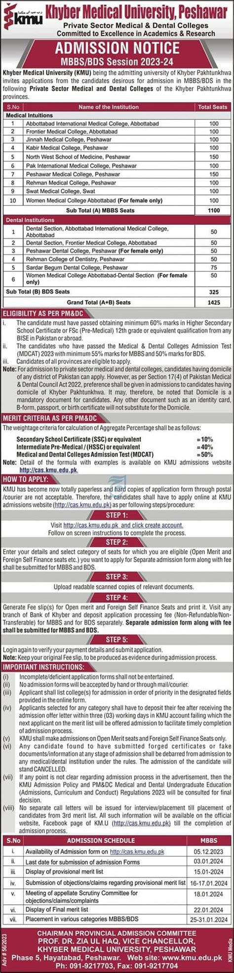 Apply Online KMU MBBS & BDS Admission 2023 Govt Colleges