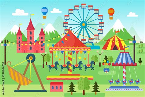 Vecteur Stock Amusement park with carousels, roller coaster and air ...