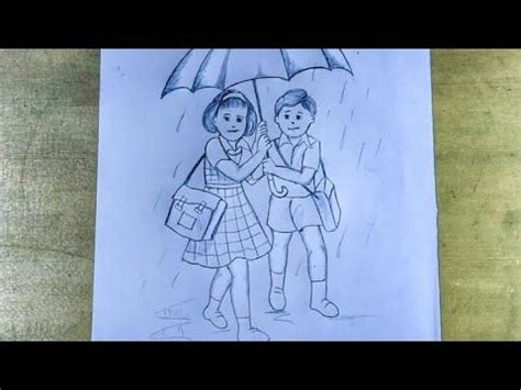 Rainy season scenery pencil drawing / rainy season memory drawing of children with umbrella ...