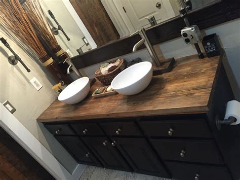 Rustic Bathroom wood countertop Vessel Sink My Diy project stained wood | Diy countertops ...