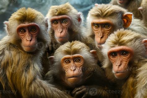 Group of monkeys sitting next to each other on top of field. 26458689 Stock Photo at Vecteezy