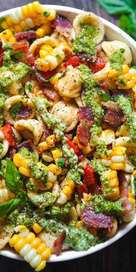 Corn Pasta Salad with Bacon, Bell Pepper, and Creamy Pesto Dressing ...