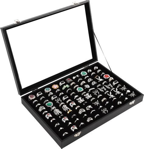 Amazon.com: Yinkin 2 Pcs 100 Slots Ring Organizer Box with Transparent Glass Lid Necklace ...