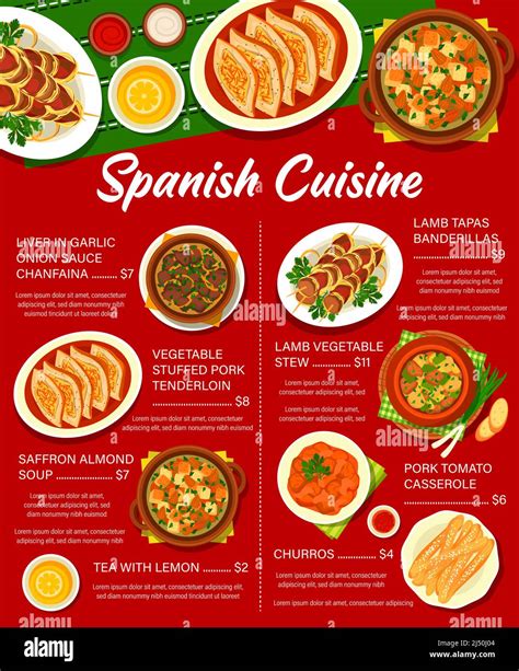 Spanish cuisine menu, restaurant lunch dishes and dinner meals, vector ...