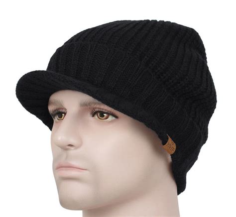 Black Men's Winter Wool Blend Visor Brim Beanie Bill Knit Baseball Cap Skull Hat | eBay