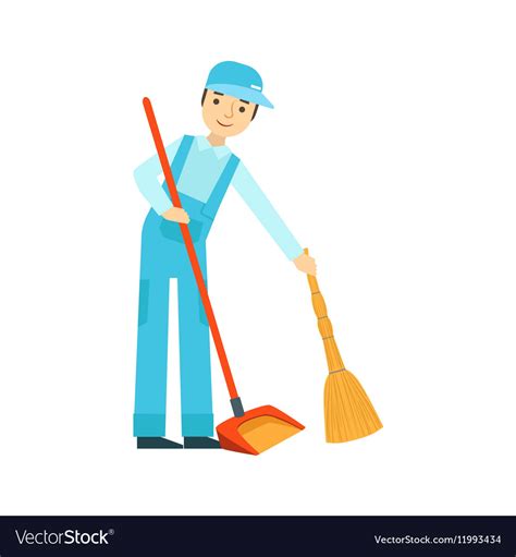 Man with broom and duster sweeping the floor Vector Image