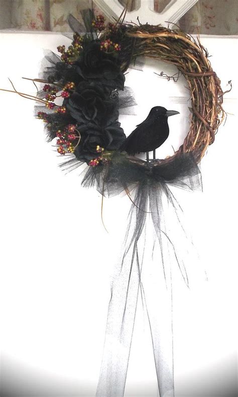 Raven Wreath, Crow Wreath, Pagan Wreath, Fall Wreath, Samhain Wreath, Black Rose Rustic ...