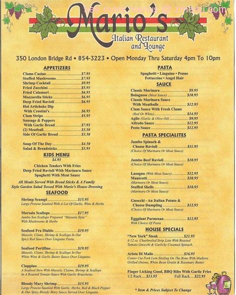 Online Menu of Marios Italian Restaurant & Lounge Restaurant, Lake Havasu City, Arizona, 86403 ...