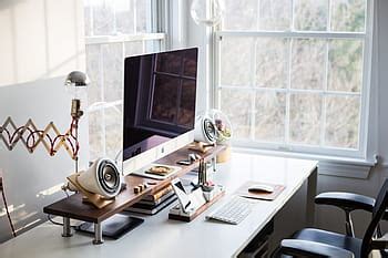 workspace, wooden table, lamp, book, design space, copy space, stationery, motivation ...