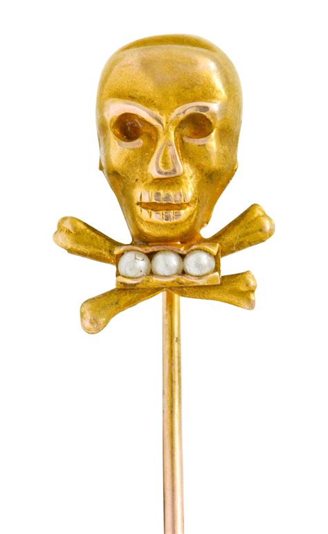 Victorian Natural Freshwater Seed Pearl Gold Skull Crossbones Stickpin | Wilson's Estate Jewelry
