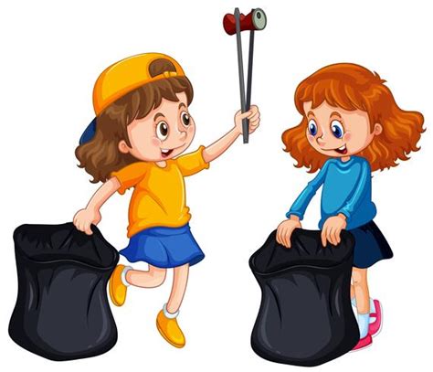 Two girls picking up trash 417297 Vector Art at Vecteezy