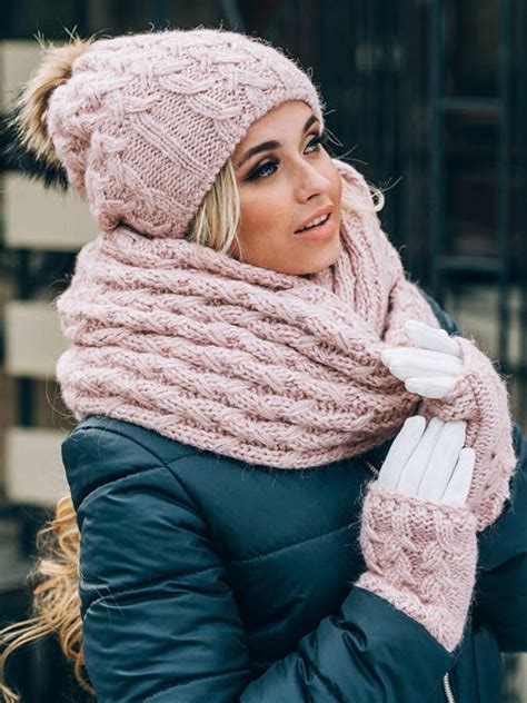 Pom Pom Hat lined with fleece Mittens Infinity Scarf Set Pink | Etsy