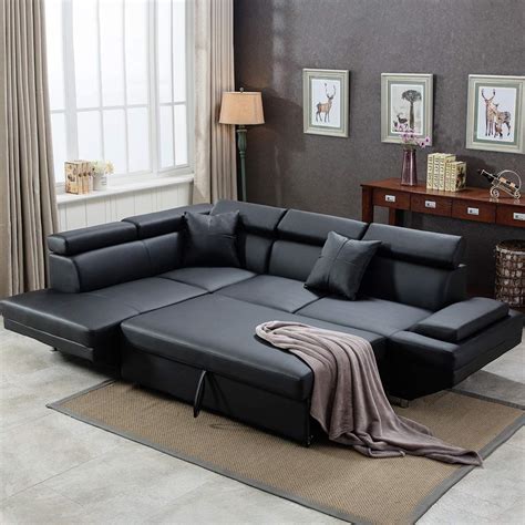 Black Sectional Sofa Bed Leather Pull Out Couch For Guests | Interior ...