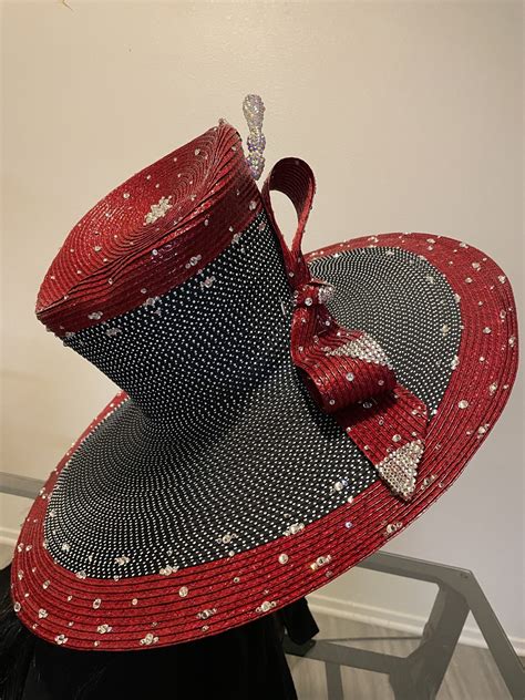 Wide Brim Hat With Navy Swisdots Trimmed In Red Horse Hair. - Netty's Boutique