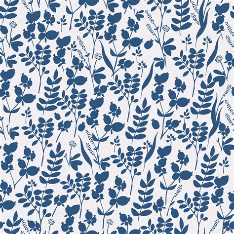 Blue and white floral pattern with spices, plants and meadow flowers ...