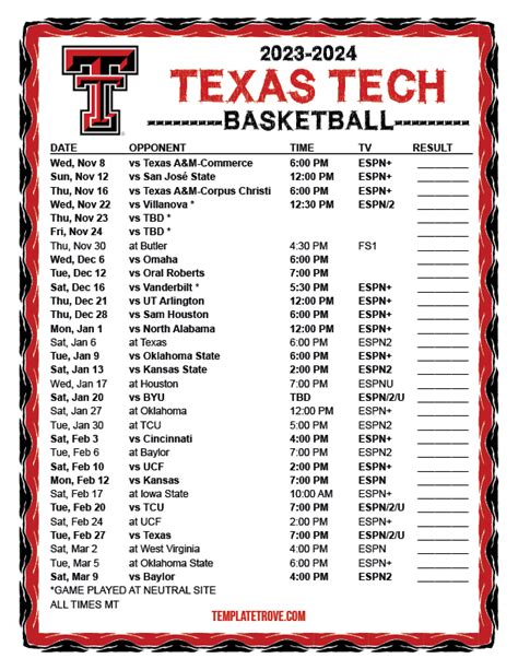 Printable 2023-2024 Texas Tech Red Raiders Basketball Schedule