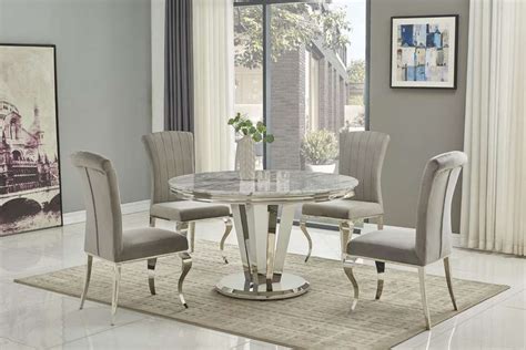 130cm Grey round marble dining table and 4 chairs - Homegenies